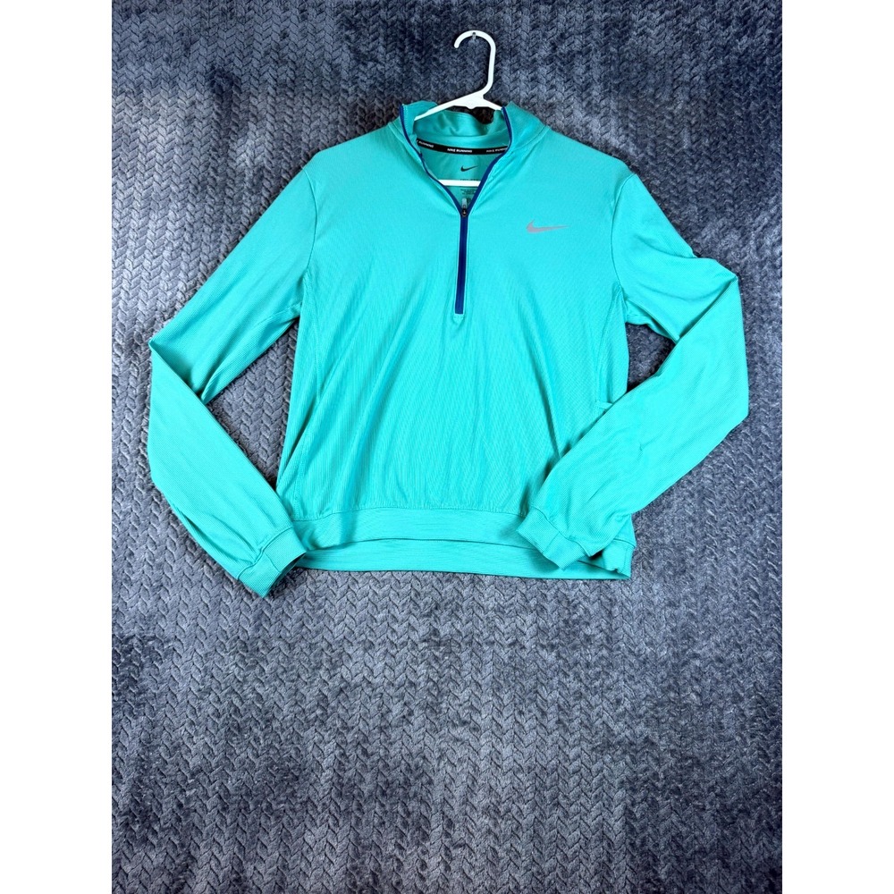 Nike Dri Fit Running Top Womens Medium Green Stretch Knitted Mock Neck Half Zip